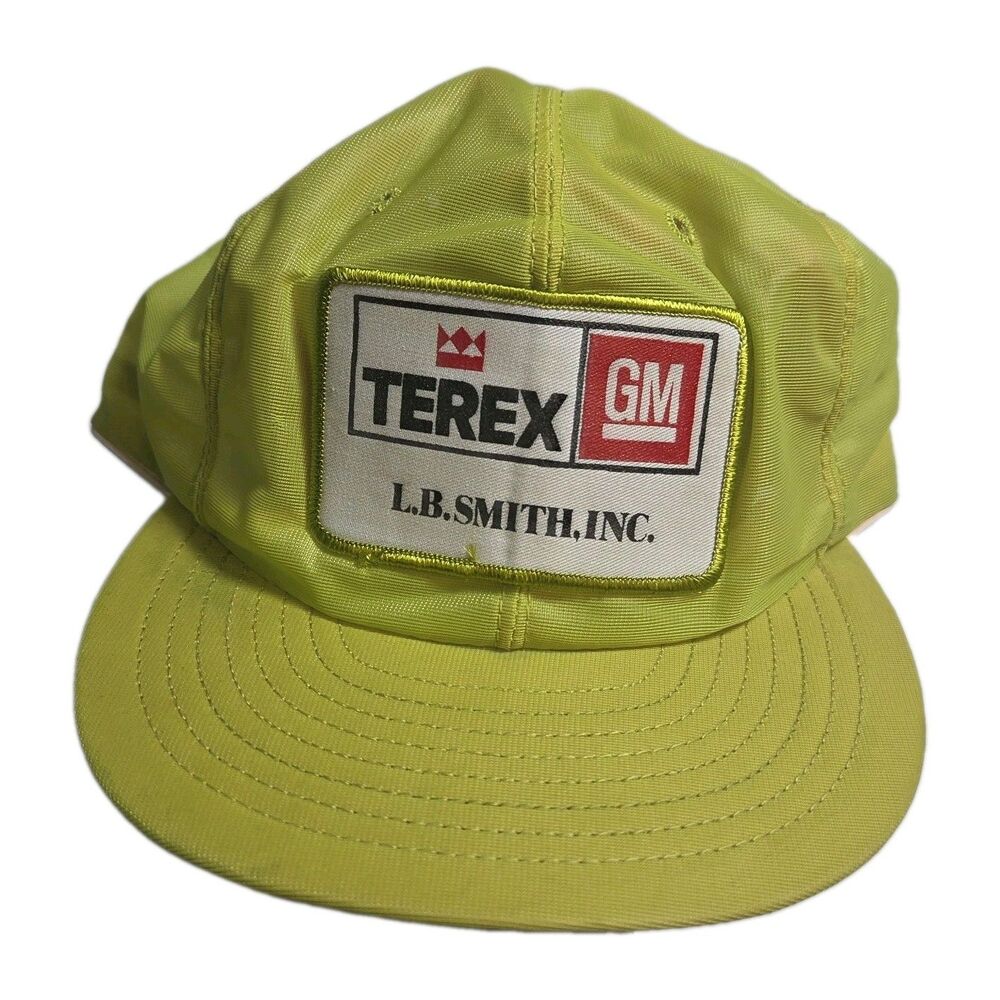 Vintage Terex GM L.B. Smith Inc Trucker Hat Neon Yellow Nylon Snapback Cap 70s
